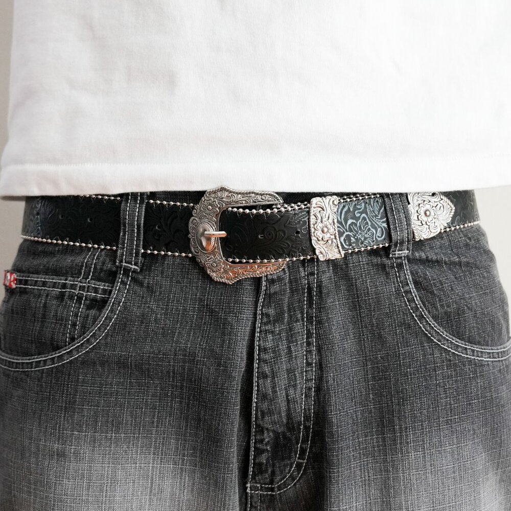 y2k floral embossed western black belt — boho gothic style